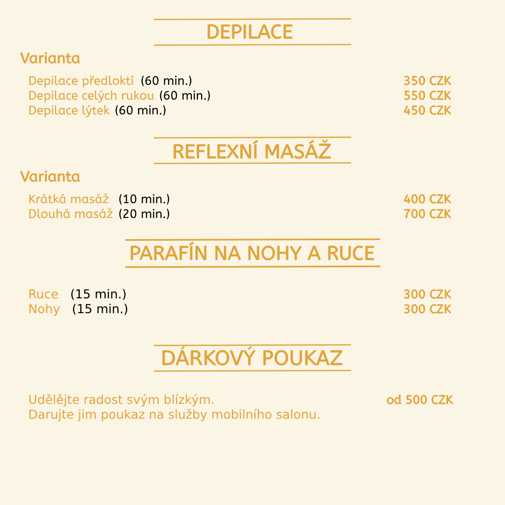 Ceník salonu. Frýdek-Místek, Sviadnov. Markéta Krkošková. Mobilní salon, pedikúra, reflexní masáže, parafín na nohy a ruce, suchá přístrojová pedikúra, depilace